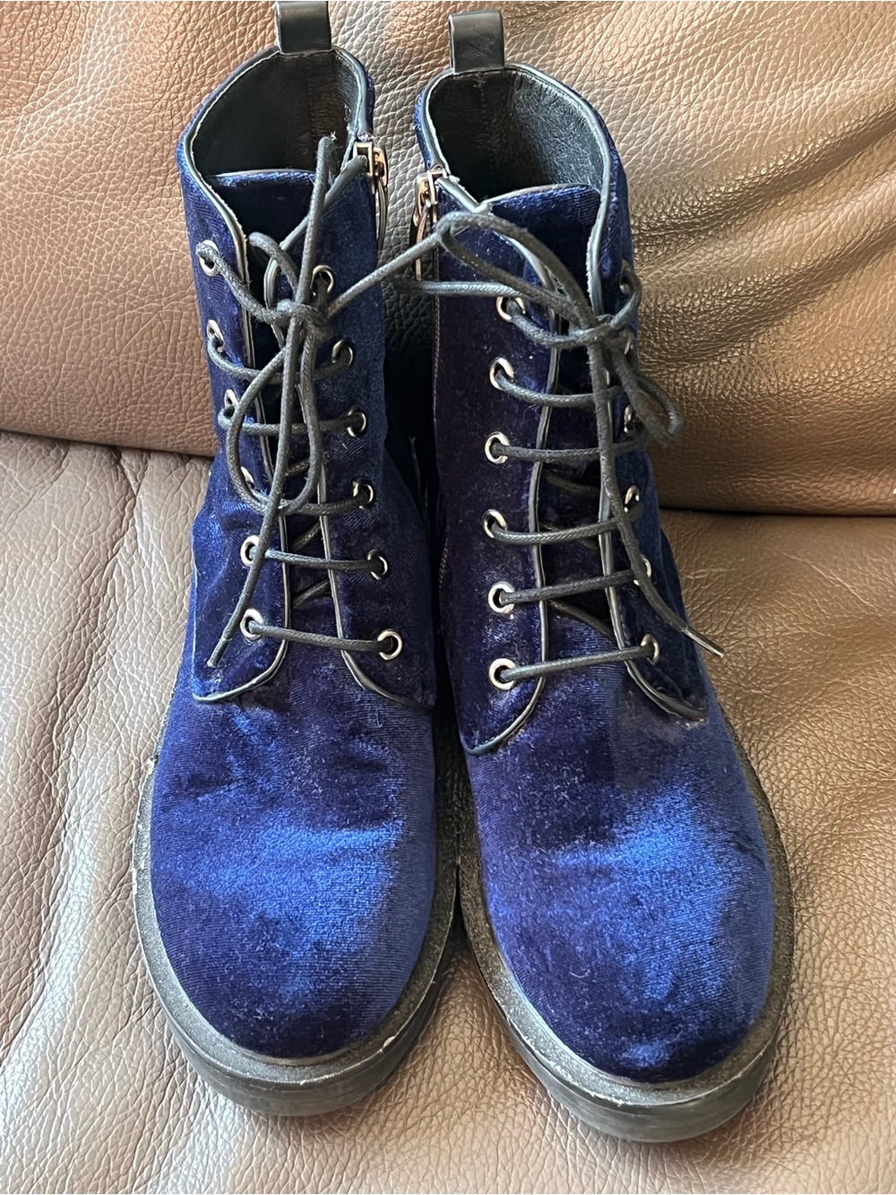 Women's Velvet Lace-Up Ankle Boots in Navy Blue